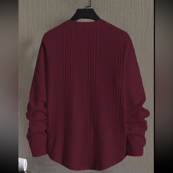 Regular Fit Patched Detail Textured Knit Long Sleeve Round Burgundy Neck Top L - Picture 3 of 14